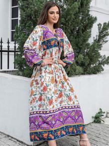 SHEIN VCAY Floral Print Tie Neck Lantern Sleeve Smock Dress - Multicolor - View 4