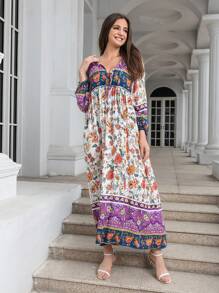 SHEIN VCAY Floral Print Tie Neck Lantern Sleeve Smock Dress - Multicolor - View 5