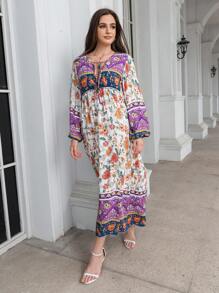 SHEIN VCAY Floral Print Tie Neck Lantern Sleeve Smock Dress - Multicolor - View 7