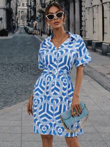 SHEIN Privé 幾何印花前紐扣襯衫連衣裙 - 藍白色 - 查看 1
