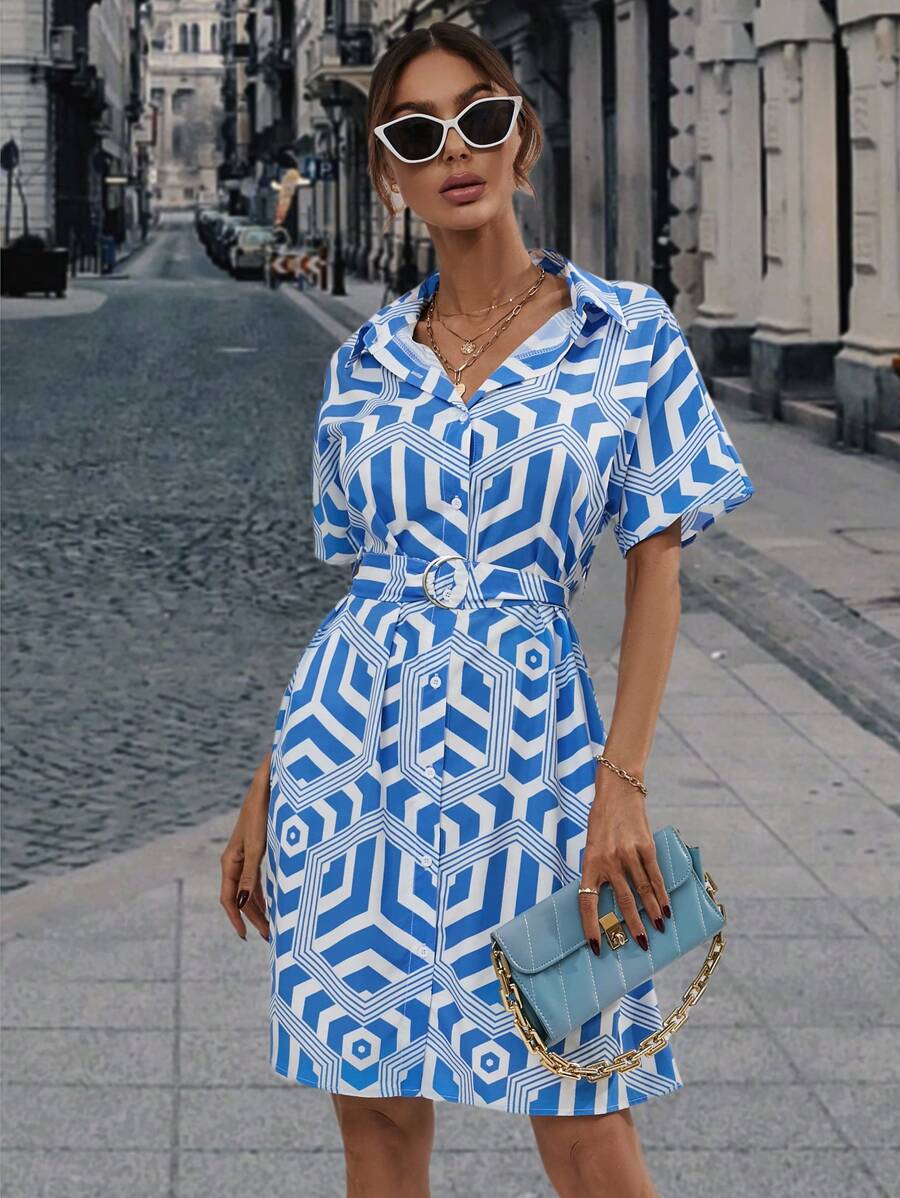 SHEIN Privé 幾何印花前紐扣襯衫連衣裙 - 藍白色 - 查看 1