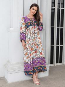 SHEIN VCAY Floral Print Tie Neck Lantern Sleeve Smock Dress - Multicolor - View 8