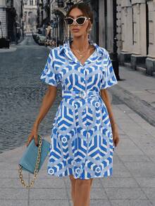 SHEIN Privé 幾何印花前紐扣襯衫連衣裙 - 藍白色 - 查看 3