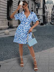 SHEIN Privé 幾何印花前紐扣襯衫連衣裙 - 藍白色 - 查看 5