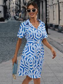 SHEIN Privé 幾何印花前紐扣襯衫連衣裙 - 藍白色 - 查看 6