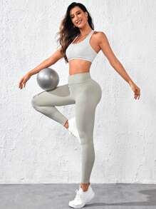 Lifespree 寬腰帶條紋針織收復運動打底褲 - 杏色 - 查看 7