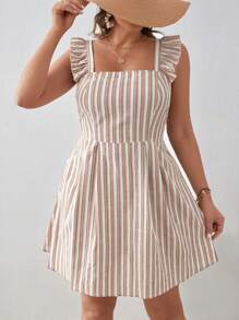 SHEIN VCAY 大碼條紋圖案後背繫帶荷葉邊連衣裙 - 彩色 - 查看 2