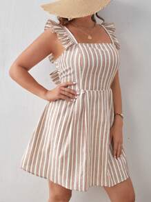 SHEIN VCAY 大碼條紋圖案後背繫帶荷葉邊連衣裙 - 彩色 - 查看 3