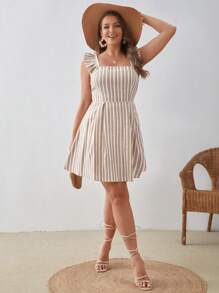 SHEIN VCAY 大碼條紋圖案後背繫帶荷葉邊連衣裙 - 彩色 - 查看 6