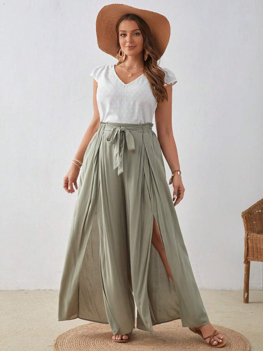 SHEIN VCAY 大碼高衩前繫帶闊腿褲 - 綠色 - 查看 1