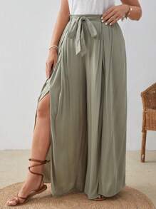 SHEIN VCAY 大碼高衩前繫帶闊腿褲 - 綠色 - 查看 3