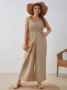 SHEIN VCAY Plus Tie Shoulder Wide Leg Jumpsuit - Khaki - View 3