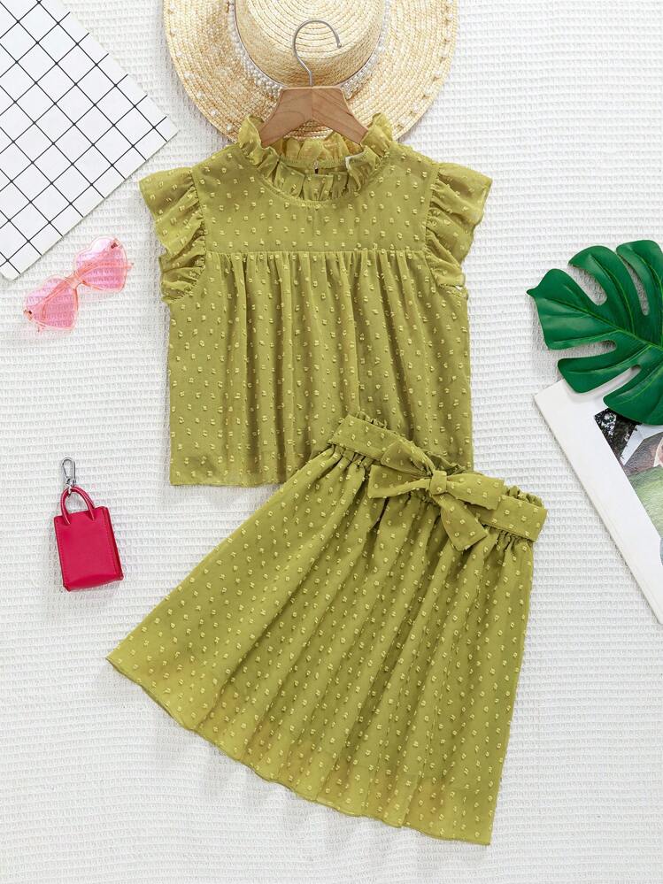 SHEIN Girls スイスドット フリルトリム モックネック ブラウス - オリーブグリーン - 見る 3