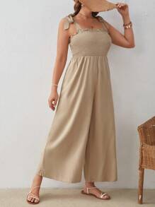 SHEIN VCAY Plus Tie Shoulder Wide Leg Jumpsuit - Khaki - View 1