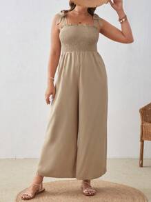 SHEIN VCAY Plus Tie Shoulder Wide Leg Jumpsuit - Khaki - View 4