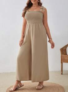 SHEIN VCAY Plus Tie Shoulder Wide Leg Jumpsuit - Khaki - View 5