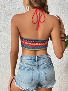 SHEIN VCAY 幾何圖案流蘇邊後背繫帶繞頸短上衣 - 彩色 - 查看 2