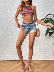 SHEIN VCAY 幾何圖案流蘇邊後背繫帶繞頸短上衣 - 彩色 - 查看 6