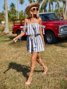 SHEIN VCAY Bộ đồ hai mảnh nữ Thắt nút Sọc Giải trí - Nhiều màu - Xem 6