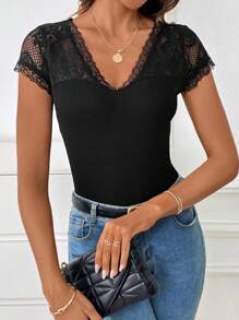 SHEIN Privé Contrast Lace V Neck Tee - Black - View 3