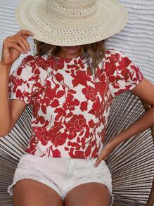 SHEIN VCAY 印花泡泡袖襯衫 - 紅色 - 查看 1