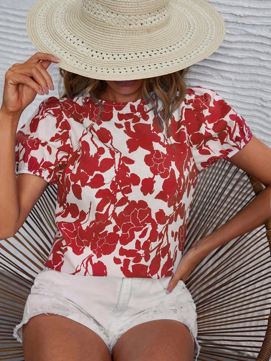 SHEIN VCAY 印花泡泡袖襯衫 - 紅色 - 查看 1