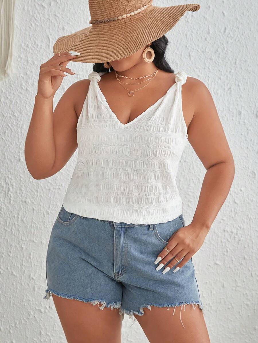 SHEIN VCAY Áo sơ mi Plus Size Thắt nút màu trơn Giải trí - trắng - Xem 1