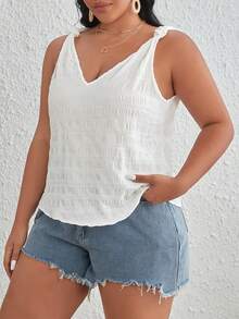 SHEIN VCAY Áo sơ mi Plus Size Thắt nút màu trơn Giải trí - trắng - Xem 4