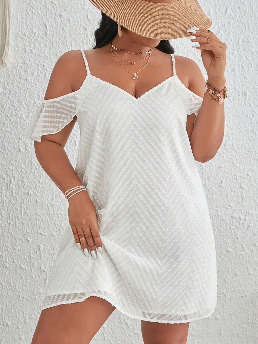 SHEIN VCAY Đầm Plus Size Cắt ra Xù màu trơn Giải trí - trắng - Xem 1