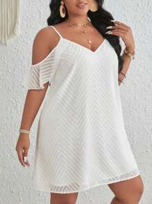 SHEIN VCAY Đầm Plus Size Cắt ra Xù màu trơn Giải trí - trắng - Xem 3