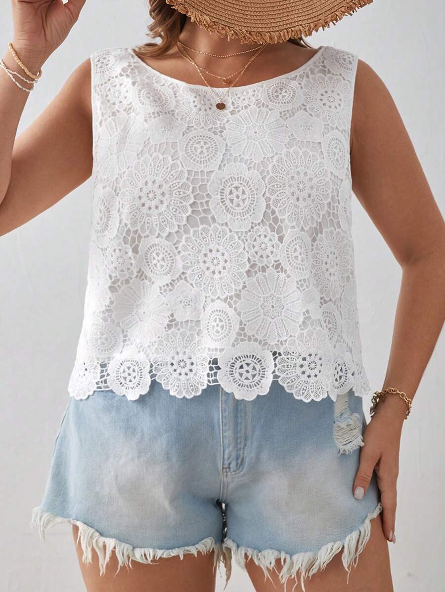 SHEIN VCAY Plus Solid Guipure Lace Overlay Top - White - View 1