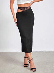 SHEINNeu Cut Out Waist Lace Insert Pencil Skirt - Black - View 1