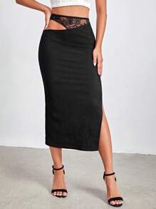 SHEINNeu Cut Out Waist Lace Insert Pencil Skirt - Black - View 3