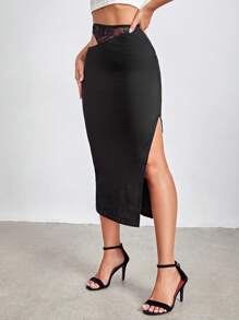 SHEINNeu Cut Out Waist Lace Insert Pencil Skirt - Black - View 4