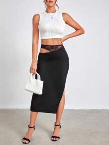 SHEINNeu Cut Out Waist Lace Insert Pencil Skirt - Black - View 6