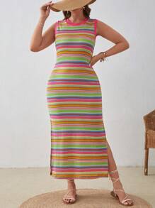 SHEIN VCAY Talla grande Vestido de rayas de muslo con abertura - Multicolor - Ver 1