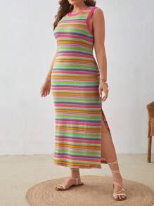 SHEIN VCAY Talla grande Vestido de rayas de muslo con abertura - Multicolor - Ver 3