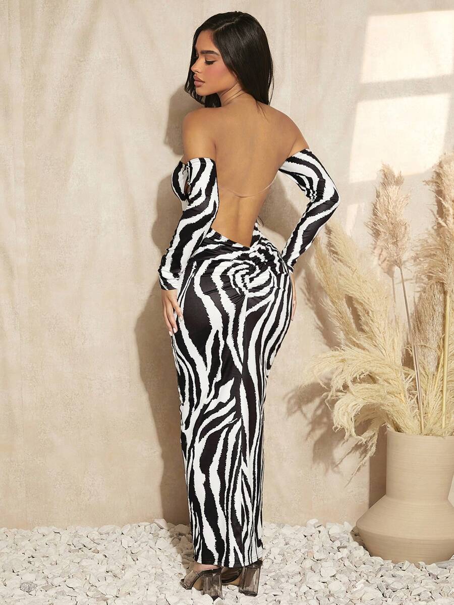 SHEIN SXY Zebra Striped Off Shoulder Chain Detail Backless Dress - Black and White - View 1