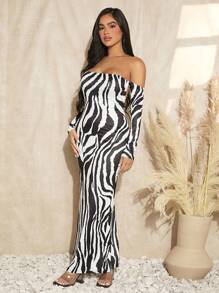 SHEIN SXY Zebra Striped Off Shoulder Chain Detail Backless Dress - Black and White - View 6