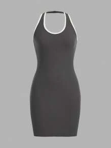 SHEIN BASICS Đầm Lộ Lưng Tương phản ràng buộc màu trơn Gợi cảm - Màu xám đen - Xem 2