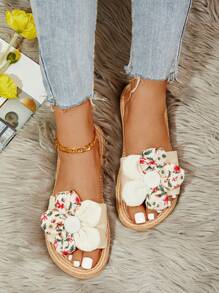 Sandalias planas con decoración de flores para mujer, sandalias de diapositivas de punta abierta color beige para vacaciones y atuendos de playa - Beis - Ver 4