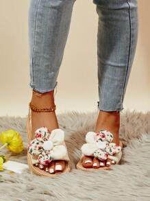 Sandalias planas con decoración de flores para mujer, sandalias de diapositivas de punta abierta color beige para vacaciones y atuendos de playa - Beis - Ver 6