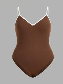 SHEIN BASICS 大碼撞色滾邊吊帶連體衣 - 咖啡棕 - 查看 1