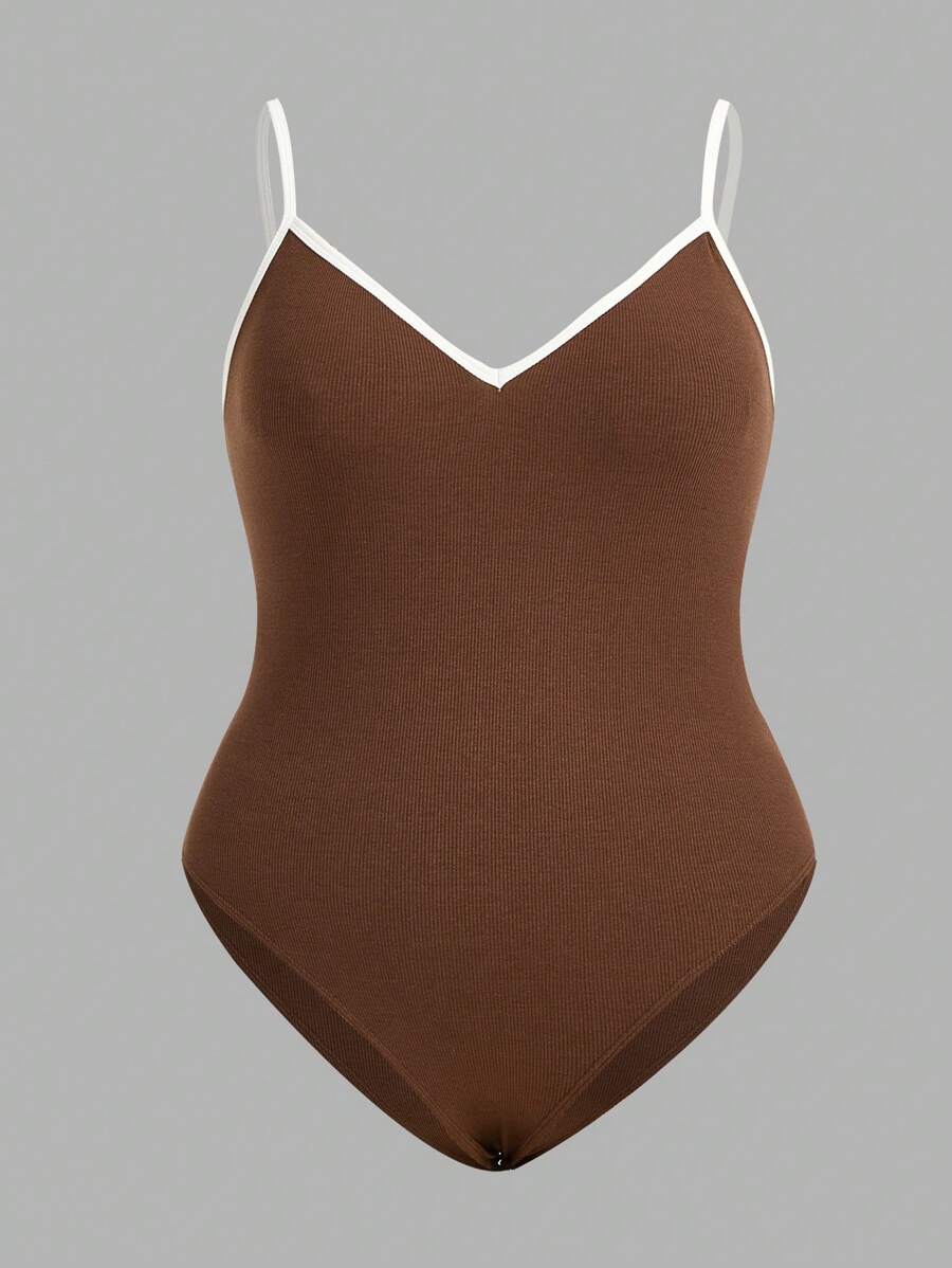 SHEIN BASICS 大碼撞色滾邊吊帶連體衣 - 咖啡棕 - 查看 1