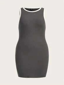 SHEIN BASICS 大碼撞色滾邊緊身背心洋裝 - 深灰色 - 查看 2