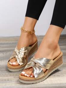 女士扭結細節鏤空編織坡跟涼鞋,度假戶外金屬質感坡跟涼鞋