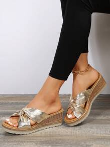 女士扭結細節鏤空編織坡跟涼鞋,度假戶外金屬質感坡跟涼鞋