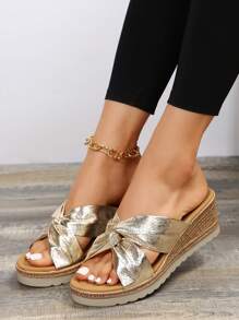 女士扭結細節鏤空編織坡跟涼鞋,度假戶外金屬質感坡跟涼鞋