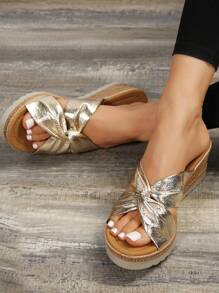 女士扭結細節鏤空編織坡跟涼鞋,度假戶外金屬質感坡跟涼鞋