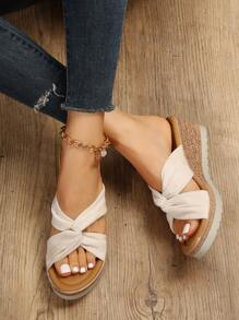 Women Twist Detail Cut Out Espadrille Wedge Slide Sandals, Vacation Outdoor Faux Suede Wedge Sandals